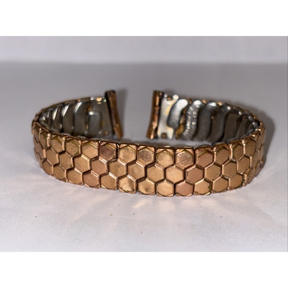 Vintage Stretch Lord Hardwood Watch Band Rose Gold Filled Top Stainless Steel‎
